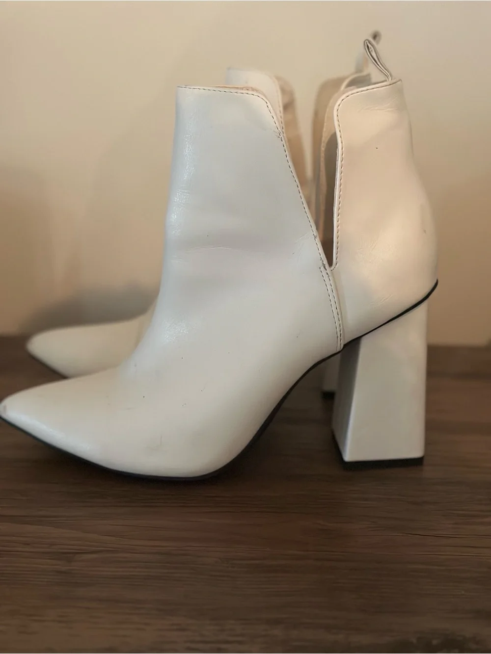 Women’s White Pointed Toe Block Heel Ankle Boots